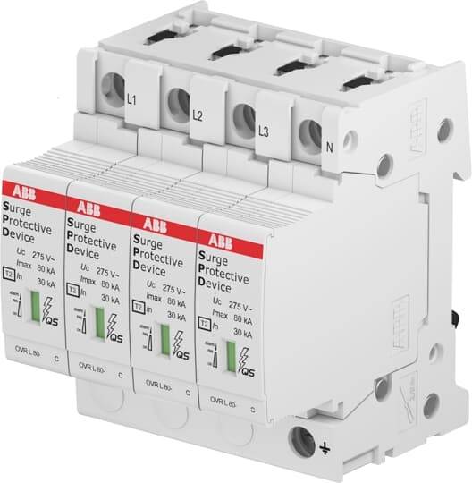 Surge protection device with multiple fuses, marked 'L1', 'L2', 'L3' and 'N', for distributing electrical currents.