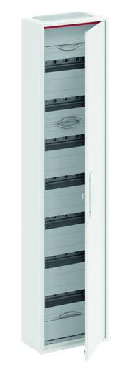 A white, open wardrobe with several grey shelves and a door slightly ajar.