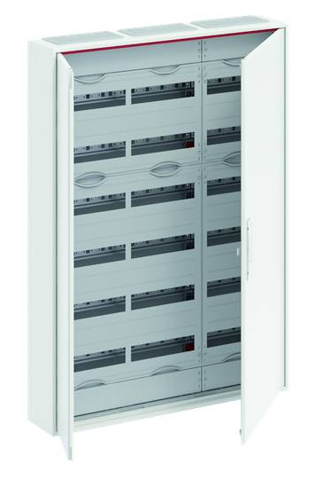 An open switchboard enclosure shows several empty insertion compartments. The doors are open to make the interior visible.