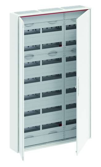An open white cupboard with multiple rows of empty shelves, suitable for storing technical equipment or files.