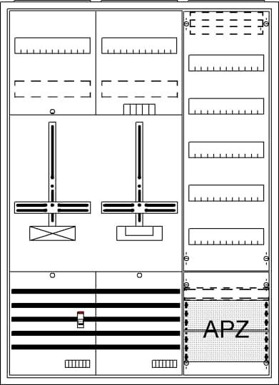 'Control cabinet with two vertical levers, APZ labelling bottom right. Lines and symbols indicate control functions.'