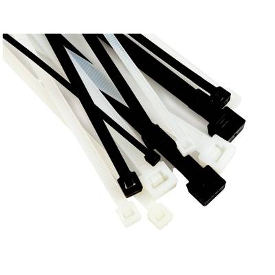 Black and white cable ties in various sizes, bundled together.