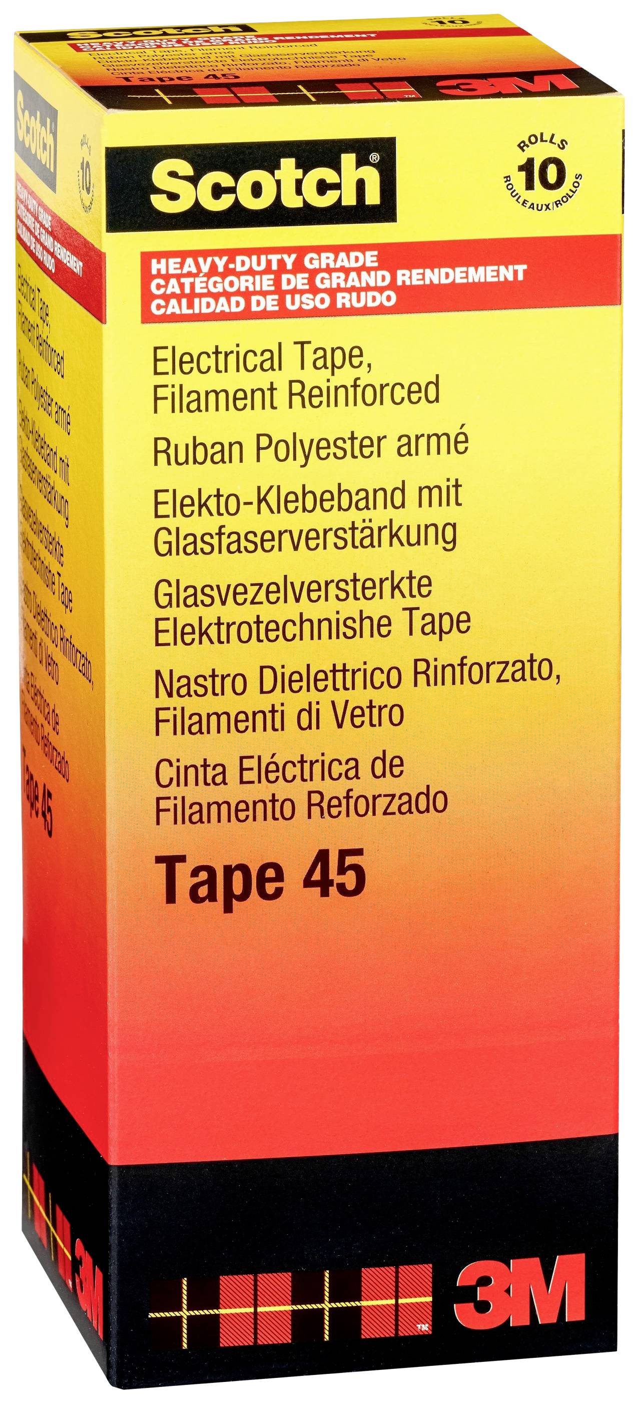 'Scotch Tape 45' in yellow box, for electrical engineering applications. Fibreglass reinforced, heavy-duty, 10 rolls.