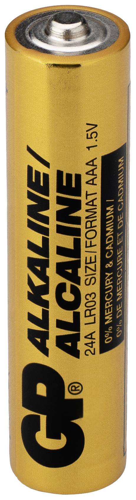 Yellow AAA alkaline battery with 'GP Alkaline' printed on it, voltage 1.5V, circular shape.
