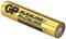 A golden AAA-alkaline battery with the inscription 'GP Alkaline', '24A LR03', and '0% Mercury & Cadmium', 1.5V.