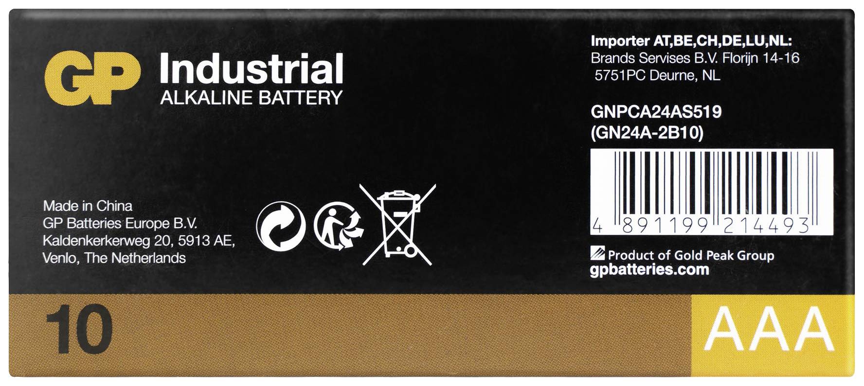 Packaging of a GP Industrial Alkaline AAA Battery. Contains product information, manufacturing location, importer details, and barcode.
