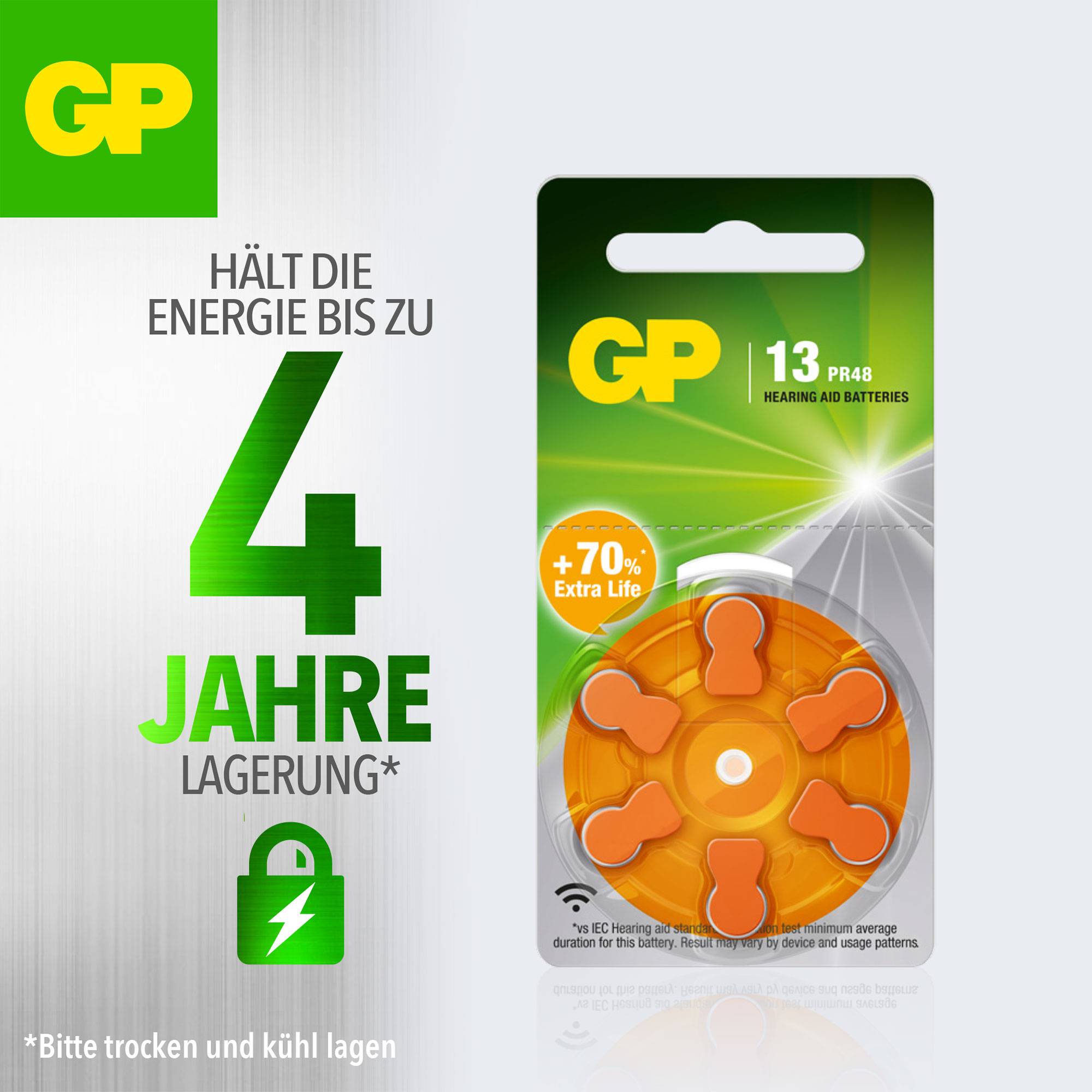 'GP Batteries product packaging for Type 13 hearing aid batteries. Promises up to 4 years of shelf life and 70% more energy.'