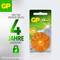 'GP Batteries product packaging for Type 13 hearing aid batteries. Promises up to 4 years of shelf life and 70% more energy.'
