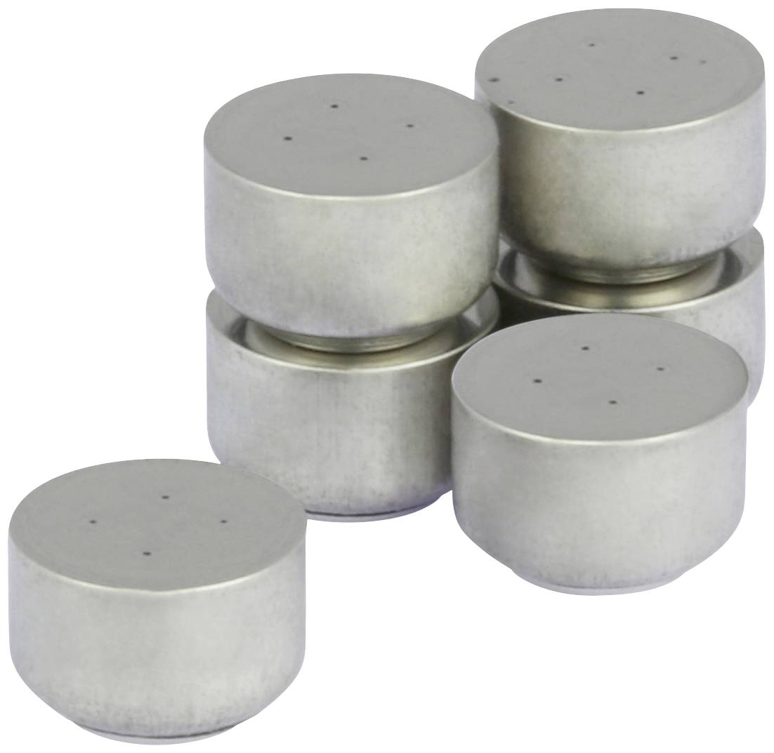 Five cylindrical metal containers, four stacked in two rows, one beside them. Surface matte, identical in size. No decoration.