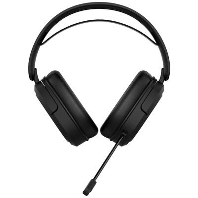 Black gaming headset with microphone, pictured from the front. Suitable for computer games and online communication.