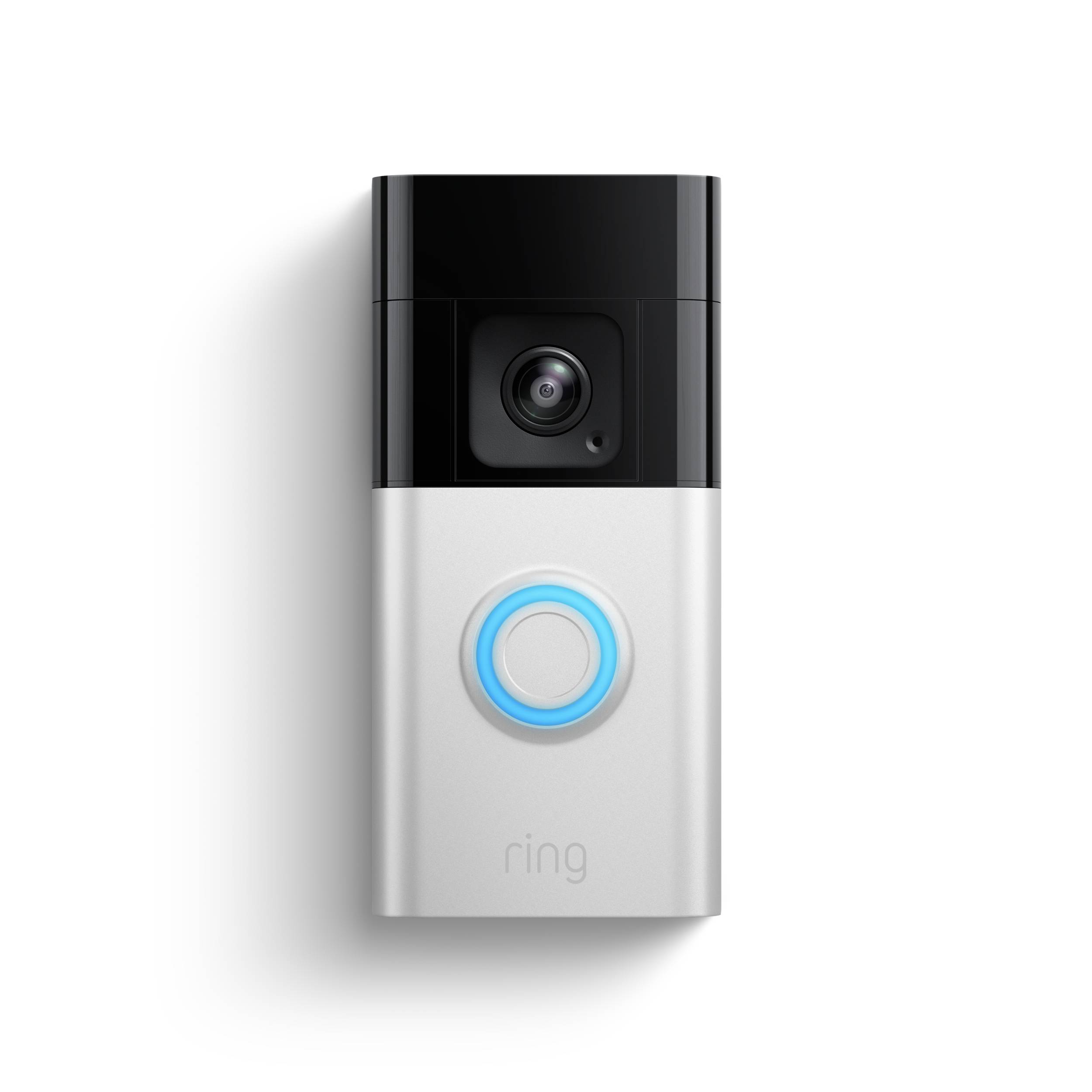 A video doorbell with camera and illuminated button, for security monitoring and communication with visitors.