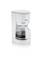 White coffee machine with glass carafe, filled with freshly brewed coffee.