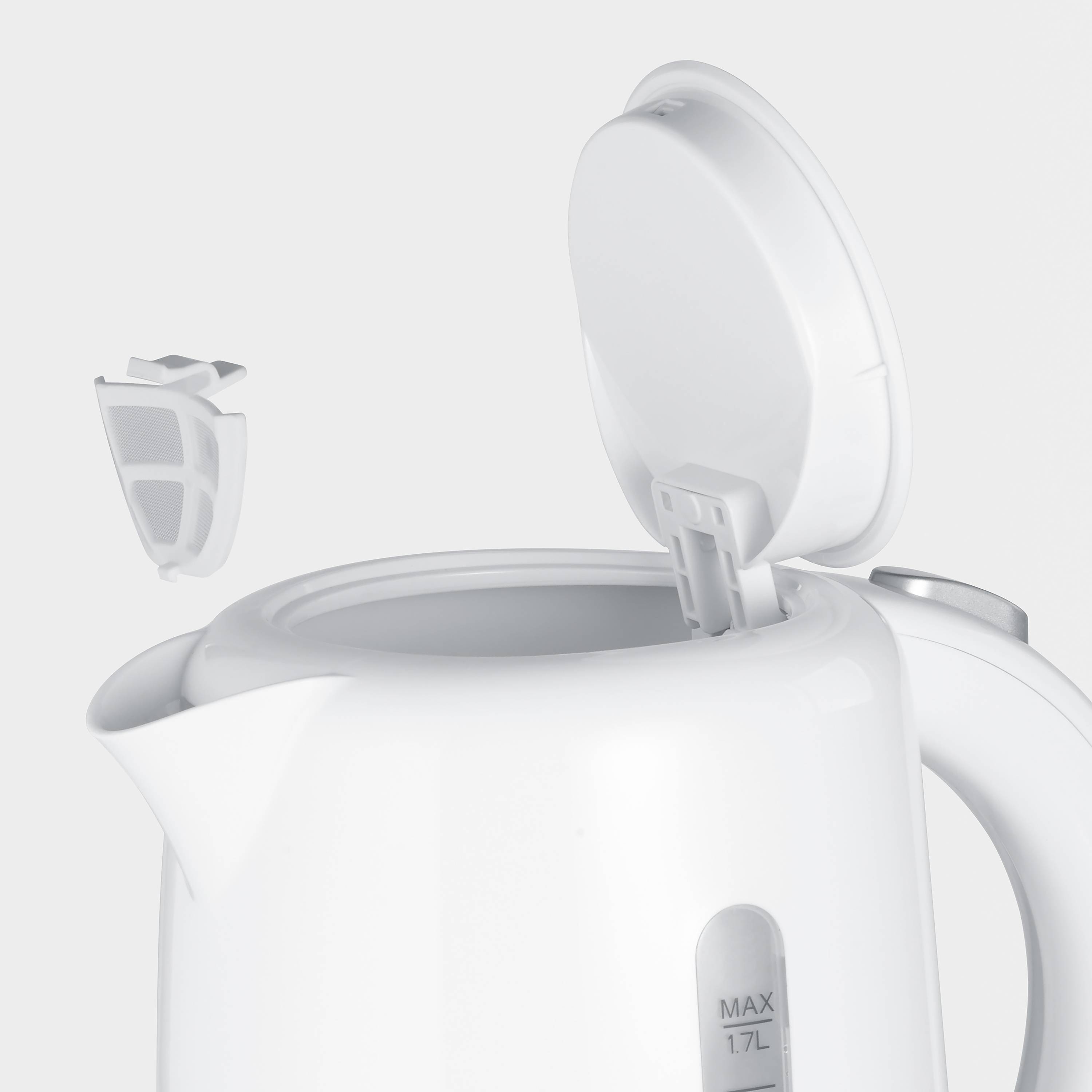 A white kettle with an open lid and filter lies beside it. The water level indicates a maximum capacity of 1.7 litres.