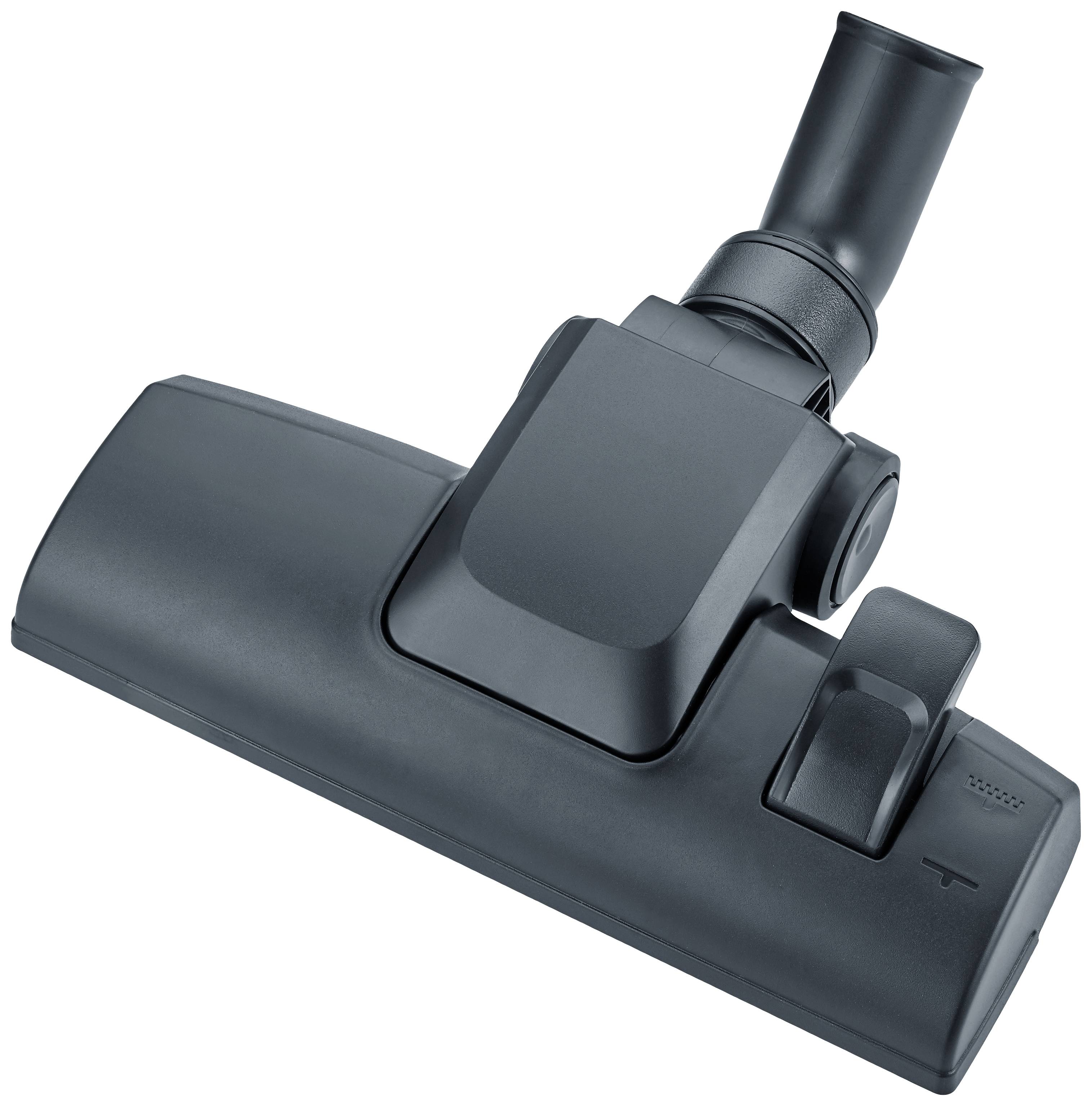 Black vacuum cleaner brush with pivoting joint for floor cleaning.
