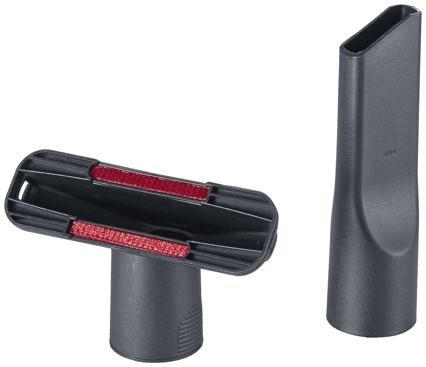 Two vacuum cleaner nozzles, an upholstery nozzle on the left with fabric insert, a narrow crevice tool on the right, both made of black plastic.