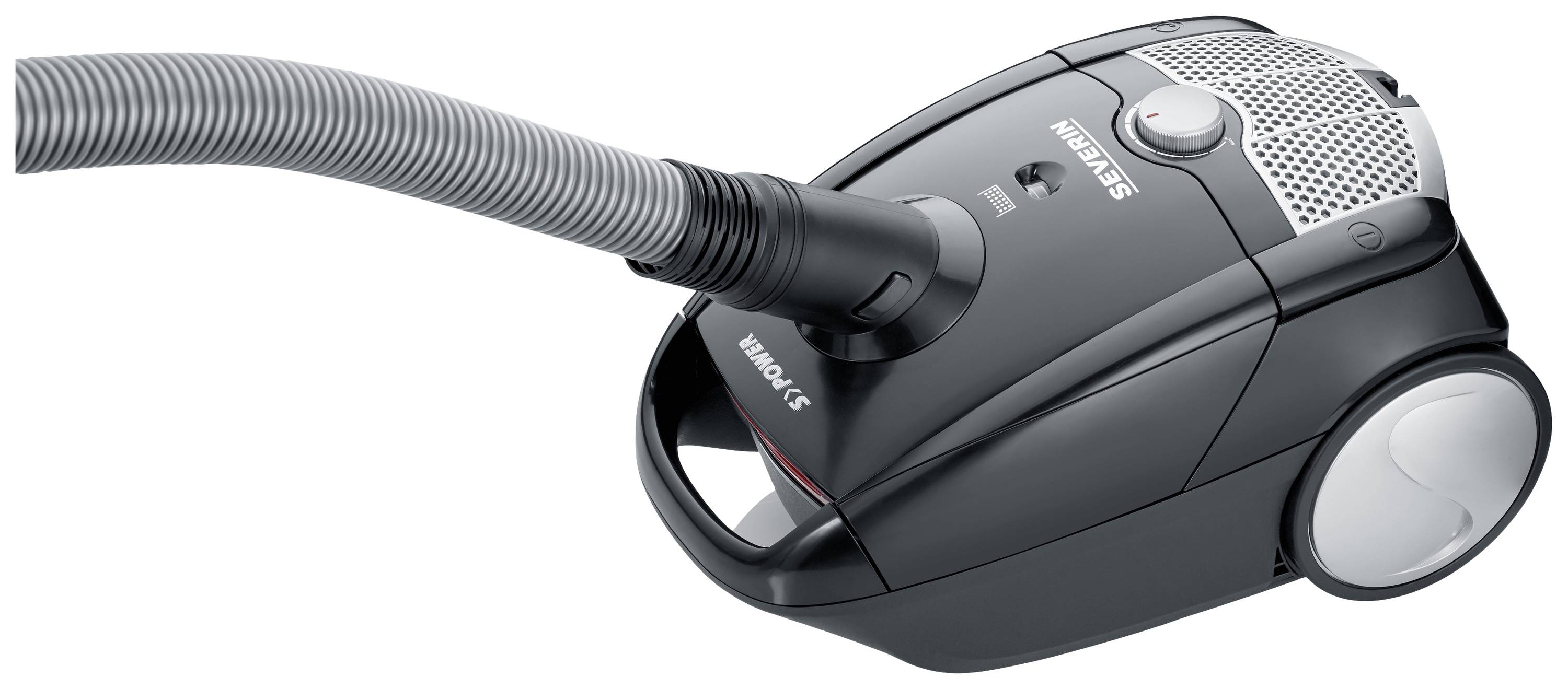 A black, compact floor vacuum cleaner with a grey, flexible suction nozzle. The device has two large white wheels.