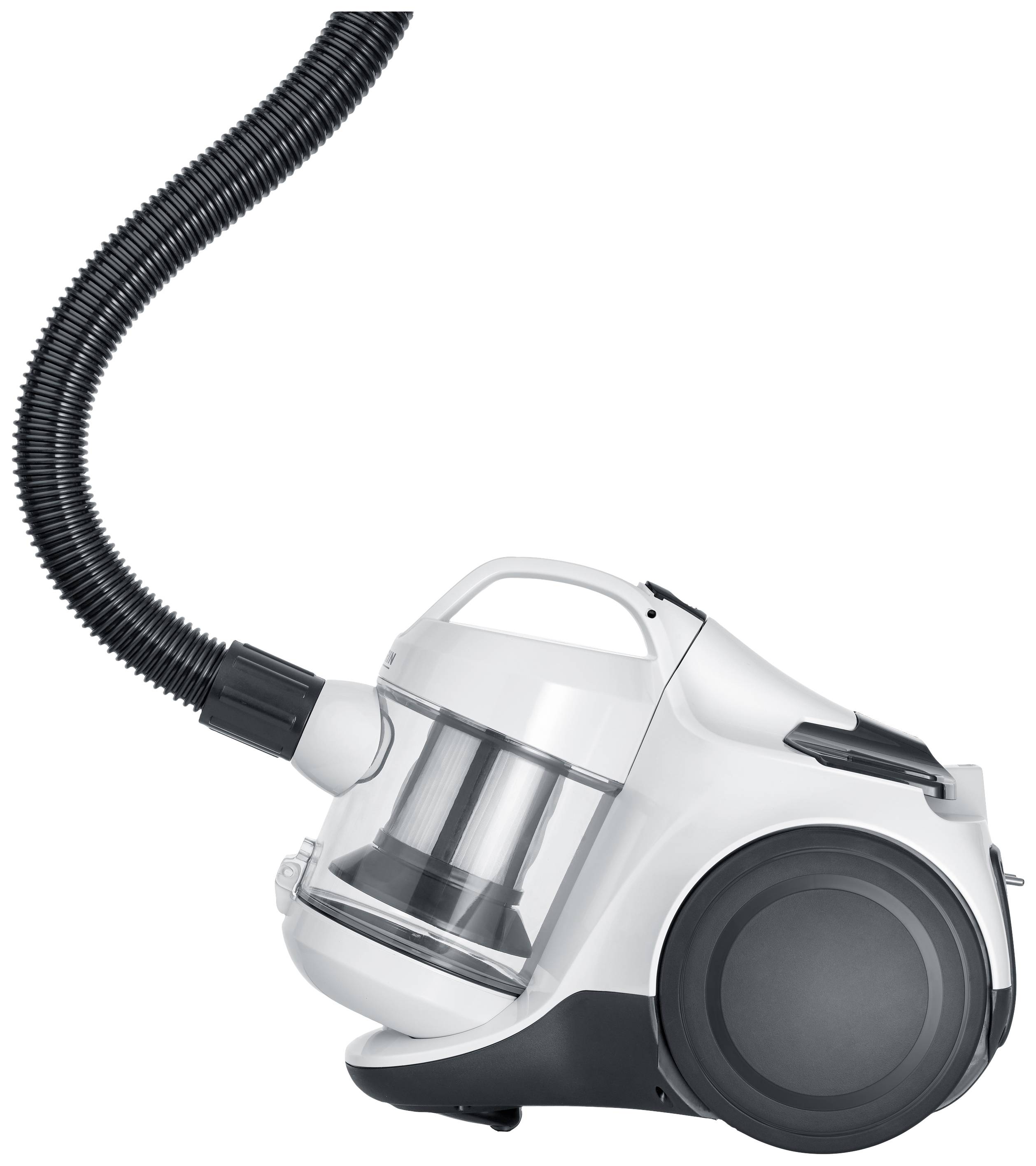 A white vacuum cleaner with a transparent container and flexible hose, pictured from the side.