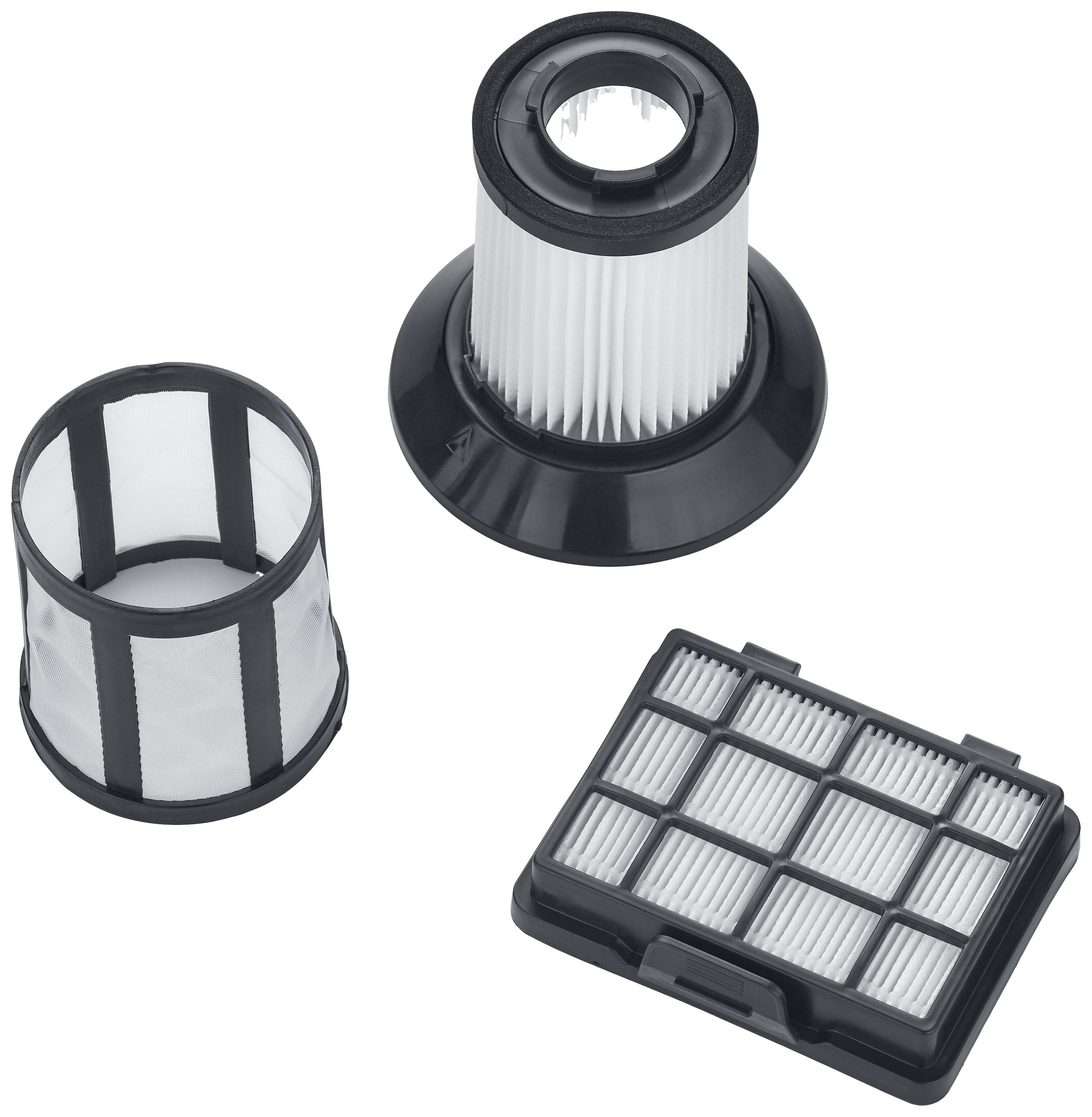 Three vacuum cleaner filters of different shapes: cylindrical with ridges, a fine mesh, and a rectangular cassette filter.
