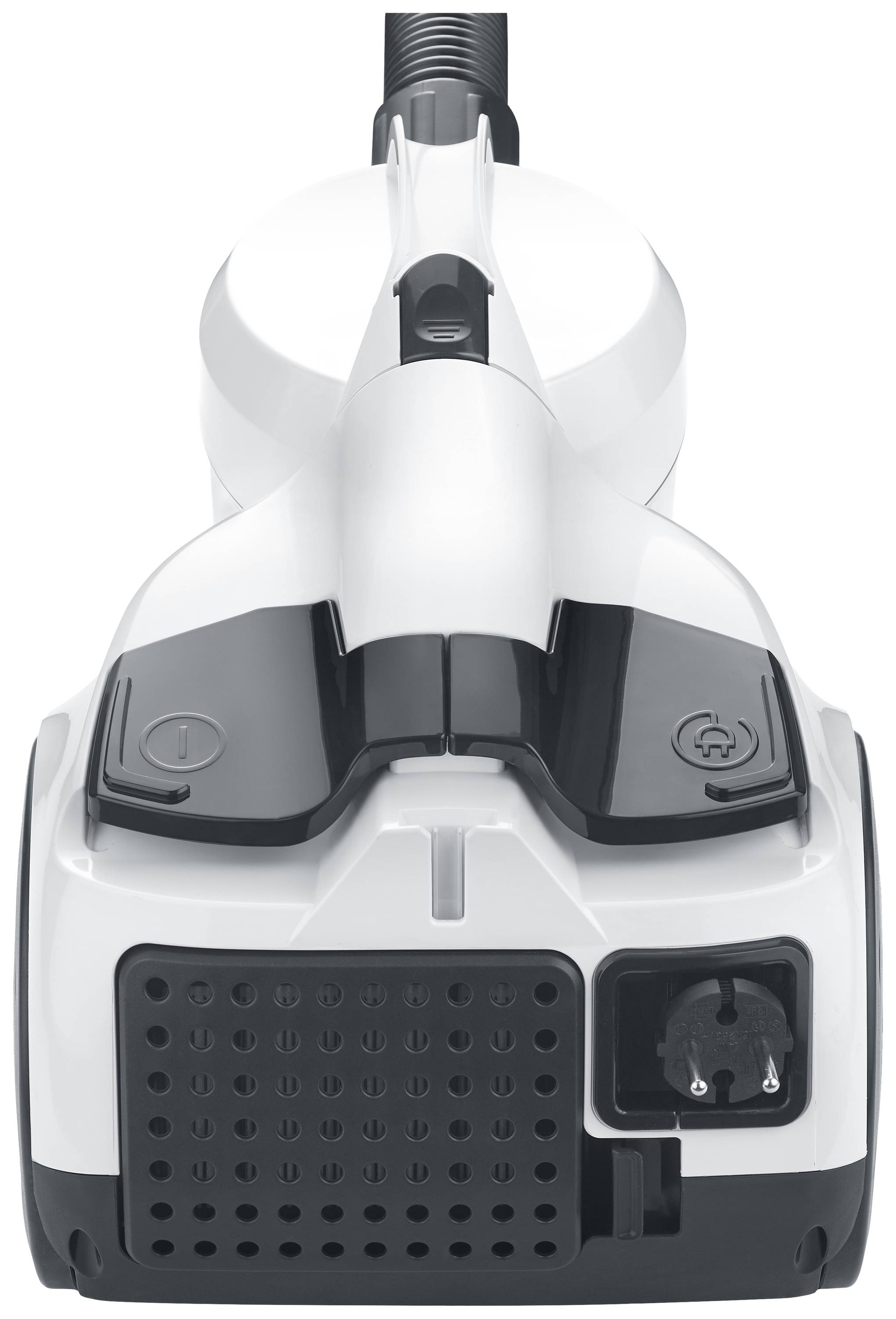A white vacuum cleaner viewed from the front, with a visible control panel and power cord connection.