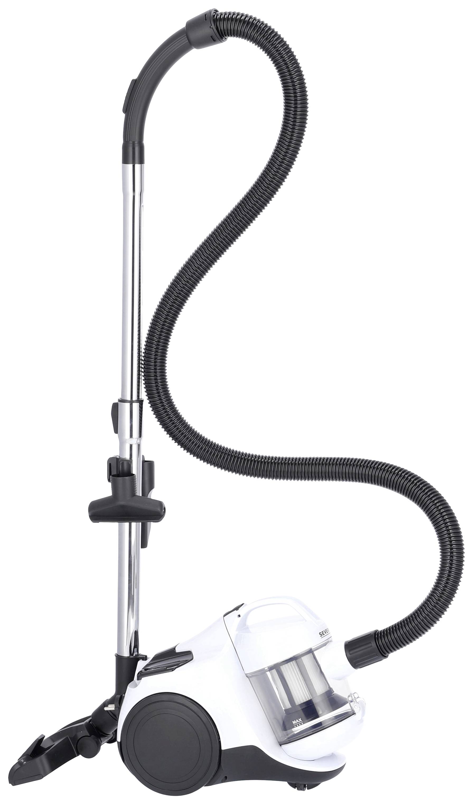 A white bagless vacuum cleaner with a long, flexible hose and floor head, standing upright against a white background.