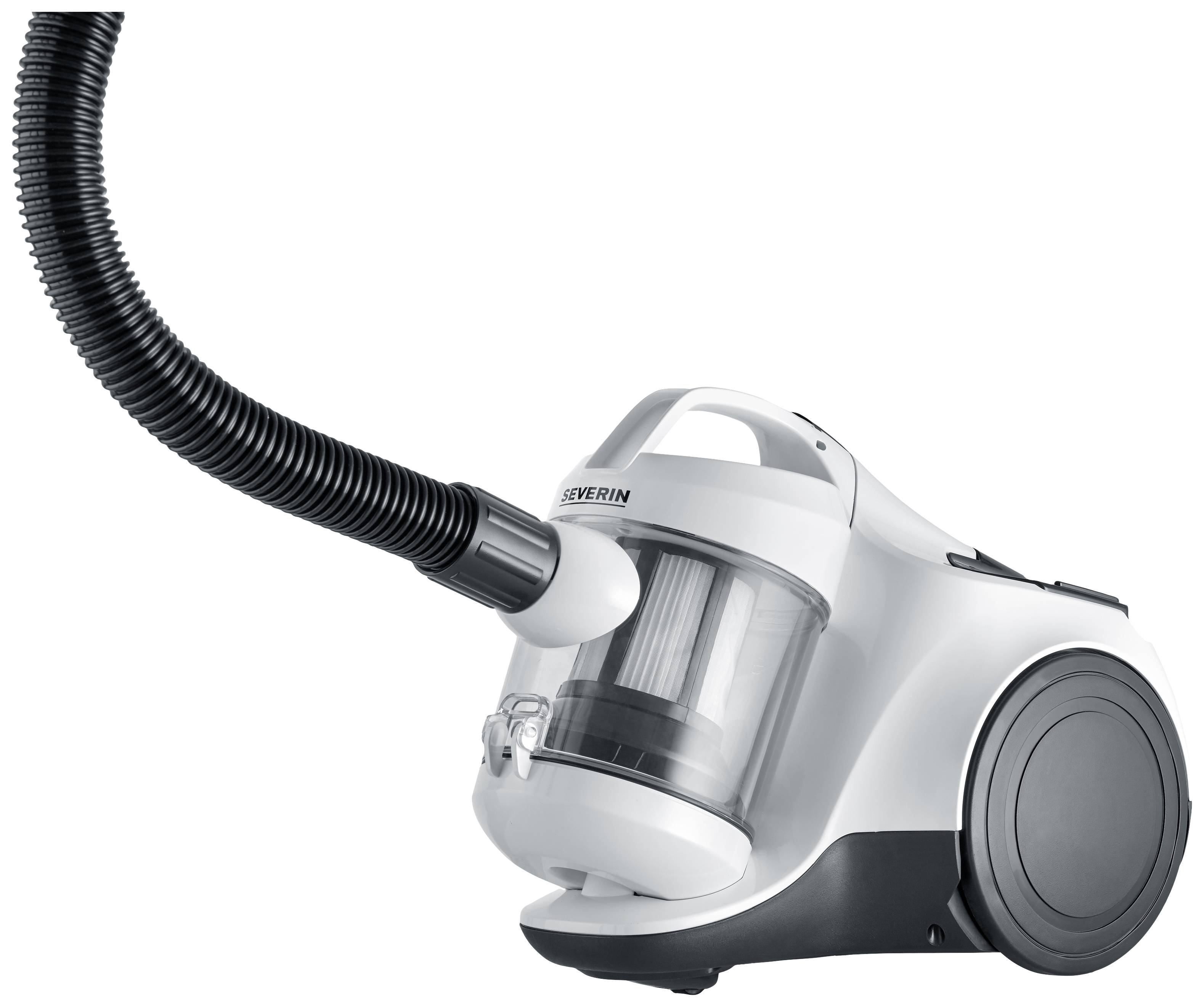 A silver, bagless vacuum cleaner with a transparent container and a flexible suction hose.