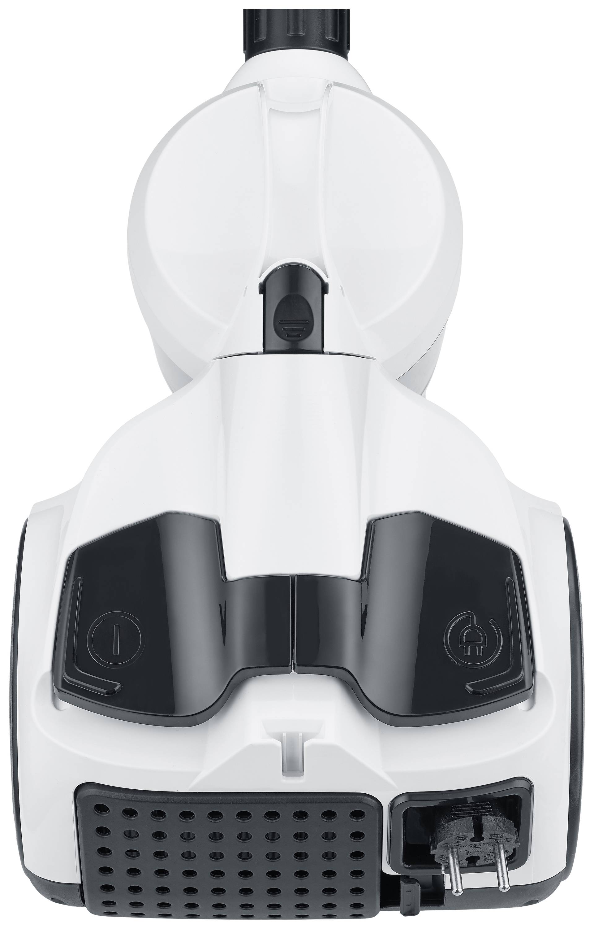 A white, modern vacuum cleaner with black detailing, front view. Key features are visible, including a suction head.