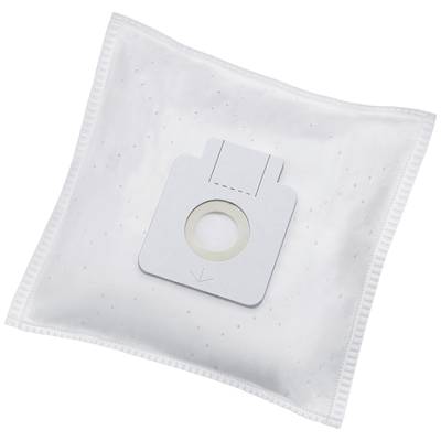 A white vacuum cleaner bag with a rectangular connector and a round hole in the centre, lying on a neutral surface.