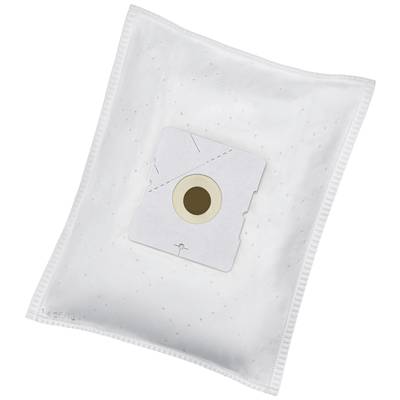 A white vacuum cleaner bag with a rectangular paper accessory in the centre, containing a round, yellow opening.