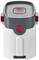 A white, cylindrical household appliance with grey and red accents. A red power switch is located on the top.