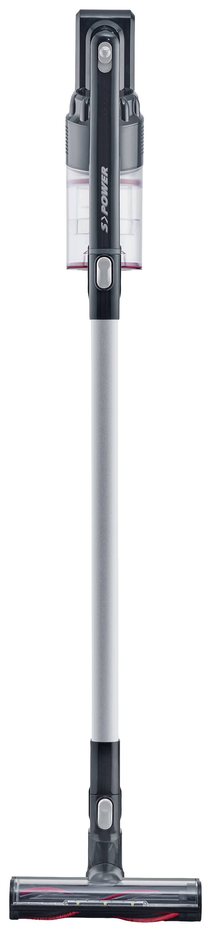 Cordless vacuum cleaner with a sleek design, grey wand and floor head. A transparent dust container is located at the top.