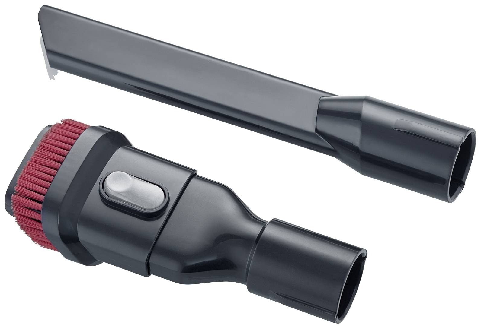 Two vacuum cleaner nozzles: a long crevice nozzle and a wide brush nozzle with red bristles and a switch.
