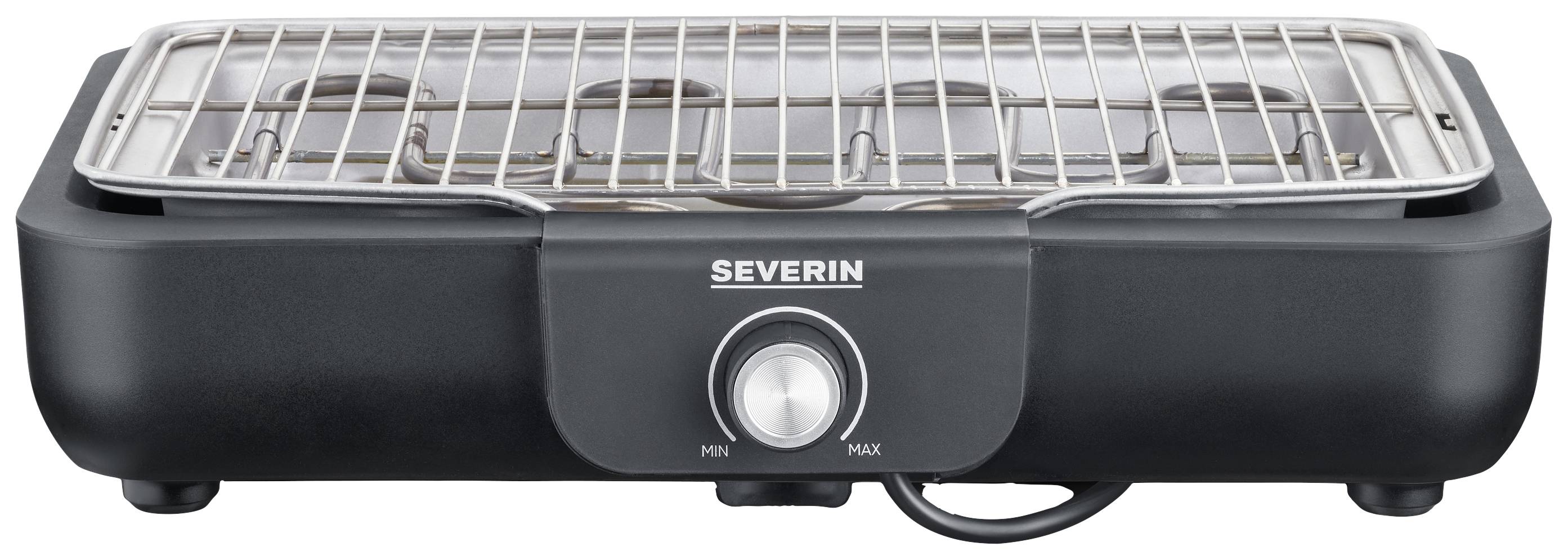 Black electric grill with silver grill grate and central control knob, with 'SEVERIN' written on it.
