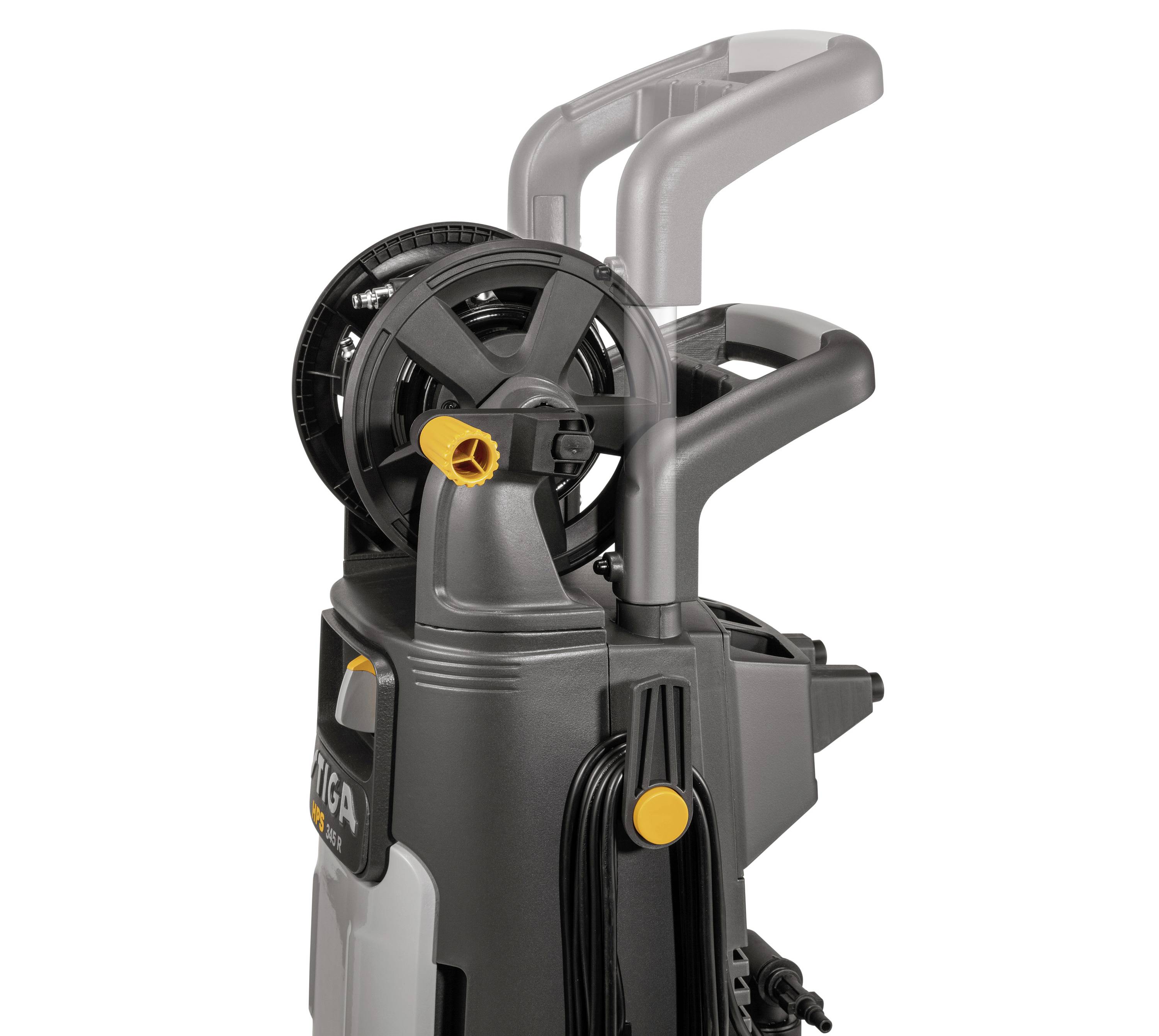 Pressure washer with black and grey components, orange rotary knob and hose storage, positioned vertically.