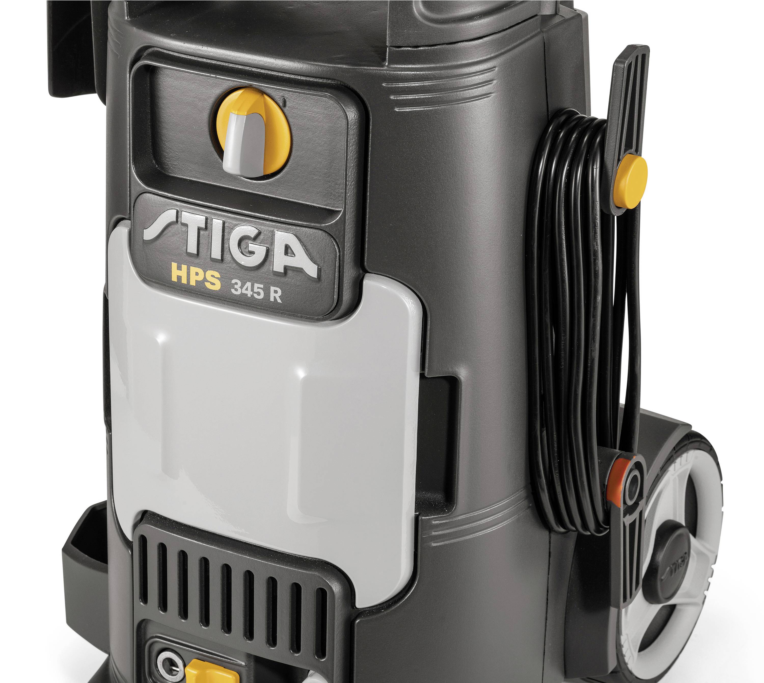 A portable pressure washer in grey with an orange rotary knob and coiled hose.