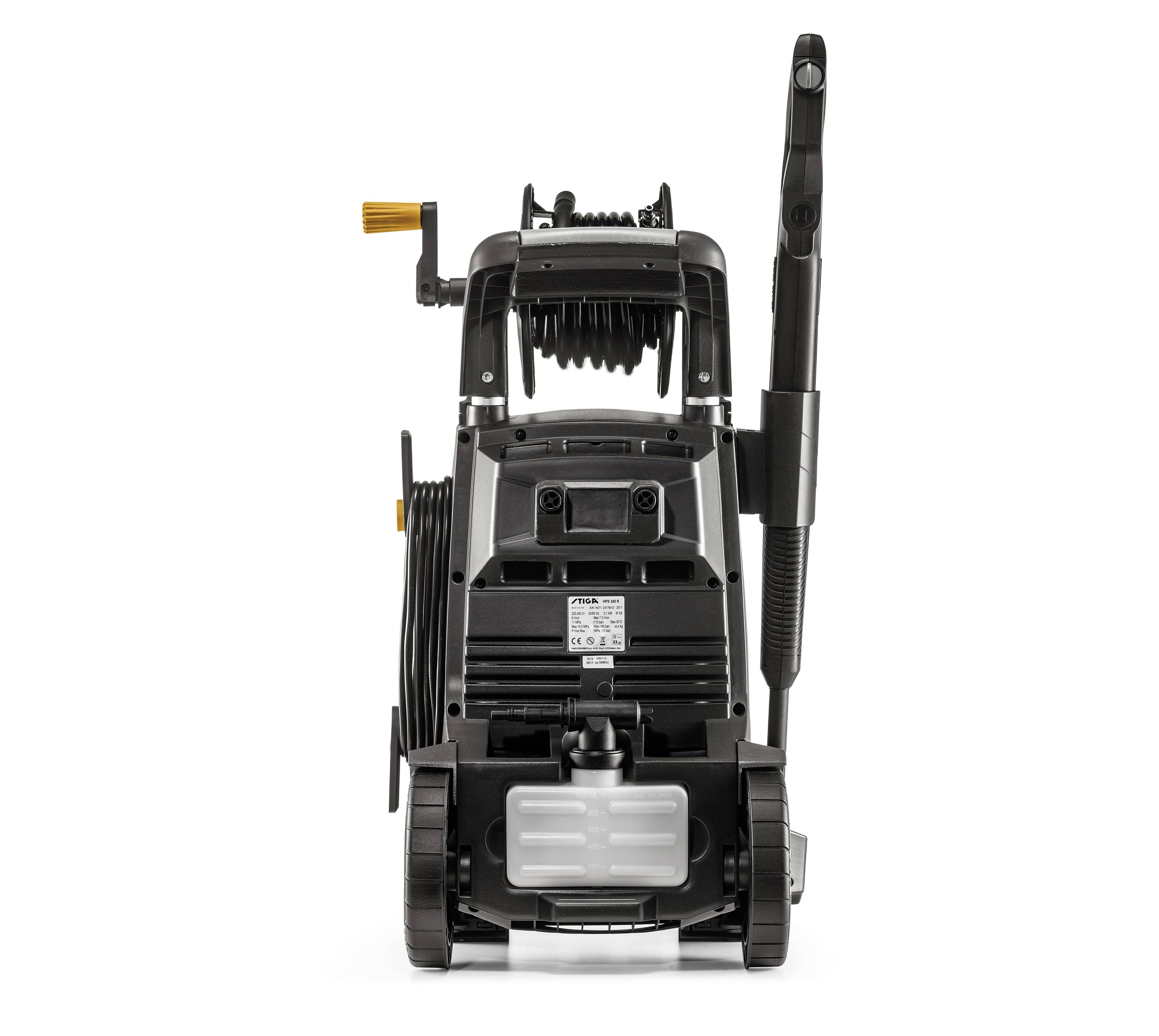 Pressure washer in black colour with wheels, handle, and hose attachment; front view.
