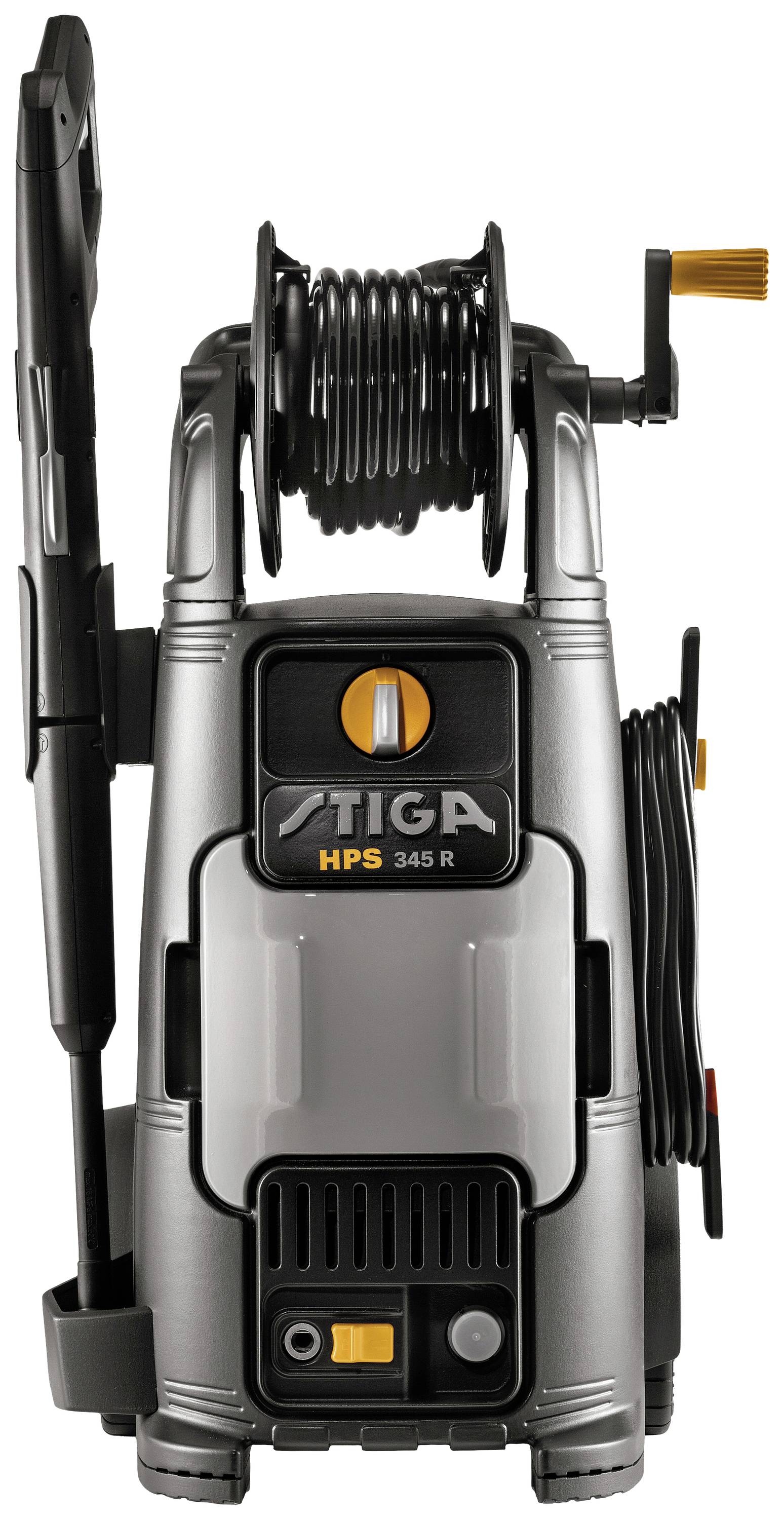 High-pressure washer with hose reel and cleaning accessories, marked 'STIGA HPS 345 R'. Perfect for intensive cleaning.