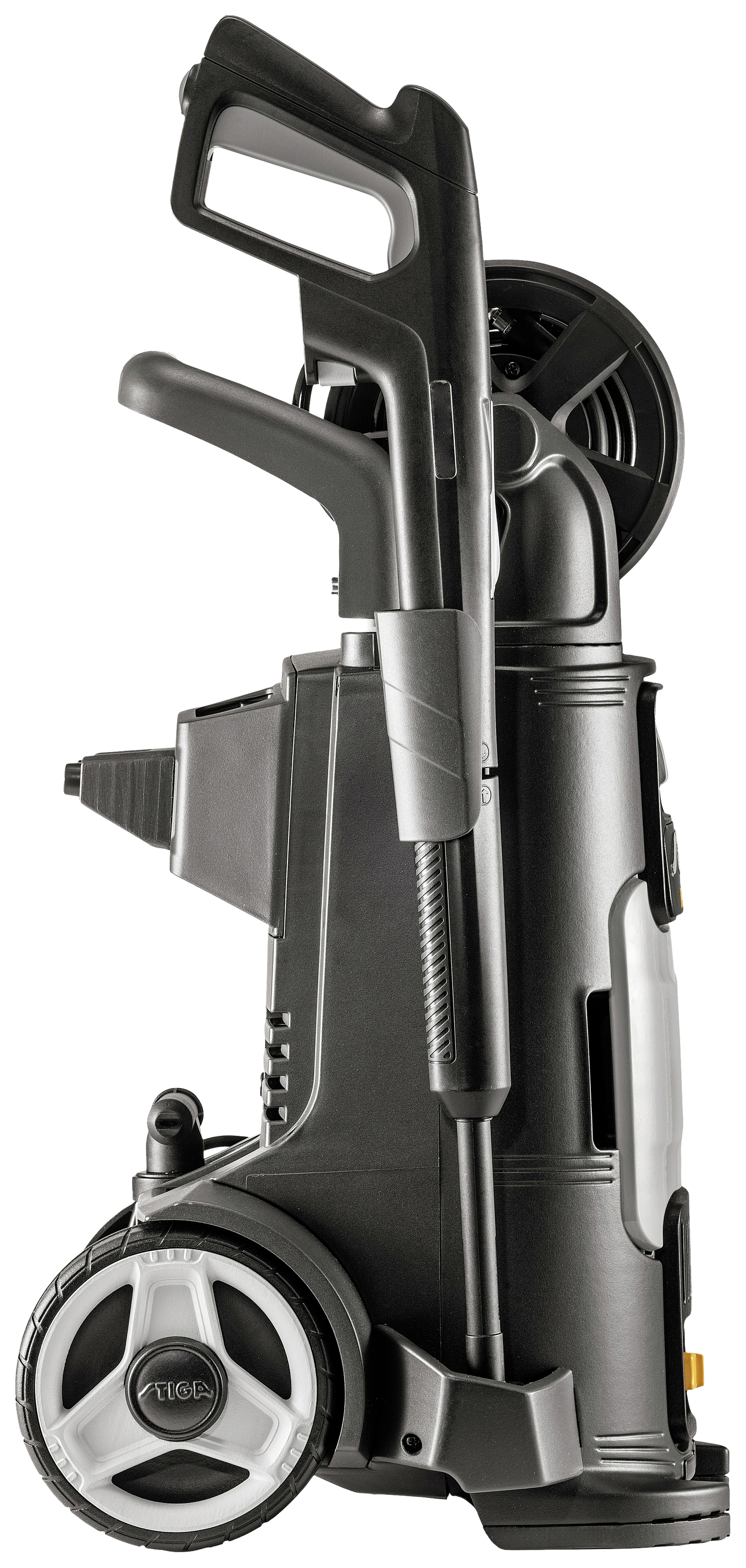 Pressure washer with large wheels and an ergonomic handle. Ideal for cleaning outdoor areas.