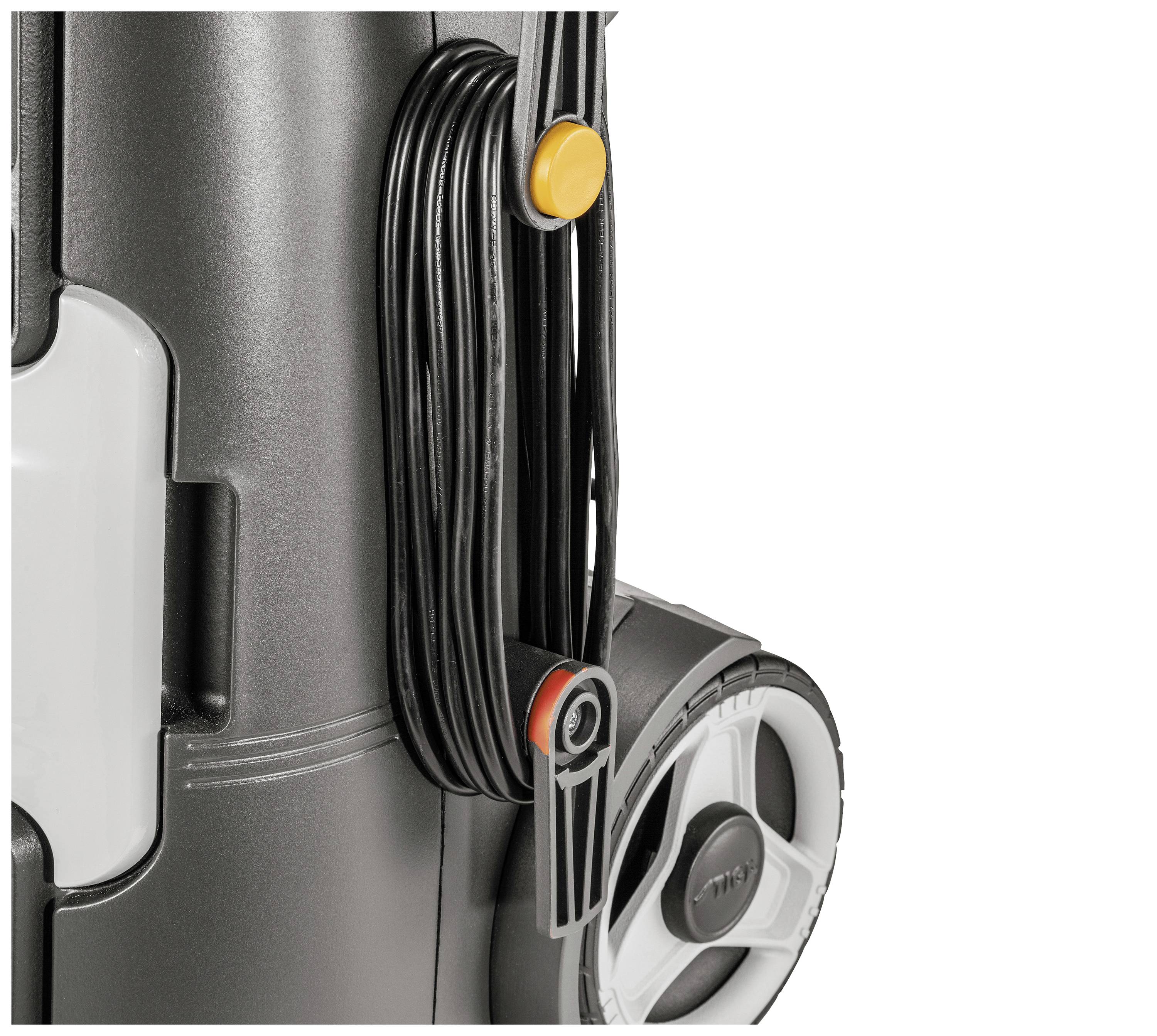 A grey vacuum cleaner with a cable holder and large wheels, detailed side view.