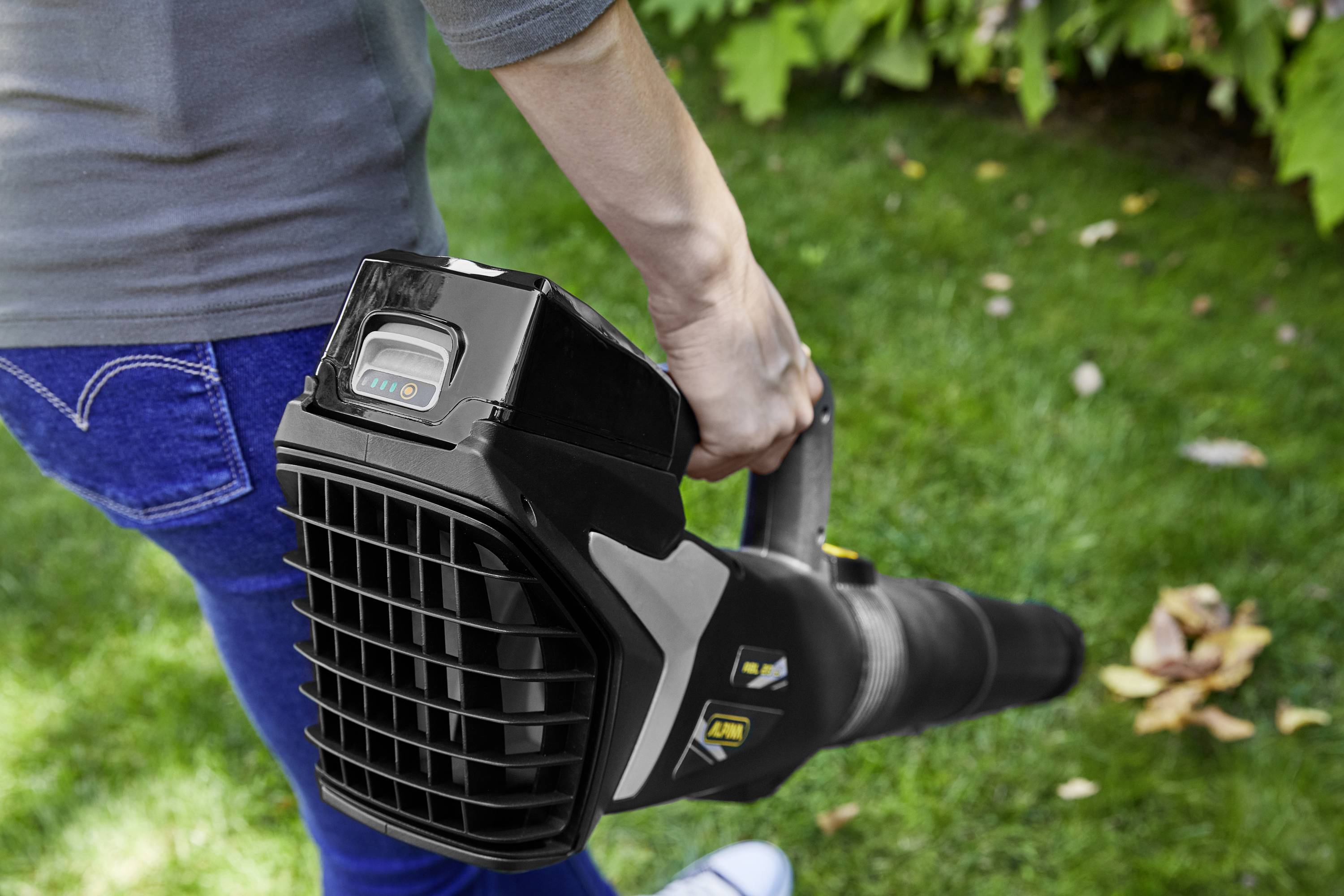 A person is holding a leaf blower over green grass. The leaf blower is pointed at a few leaves on the ground.