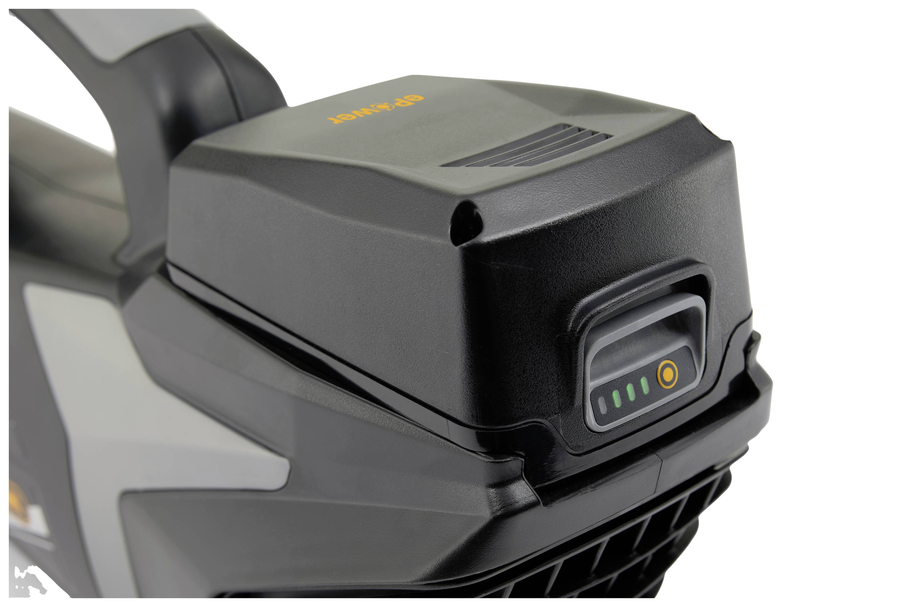 Black and grey battery-powered blower with an orange logo, focused on the battery. Battery level indicator shows full charge.