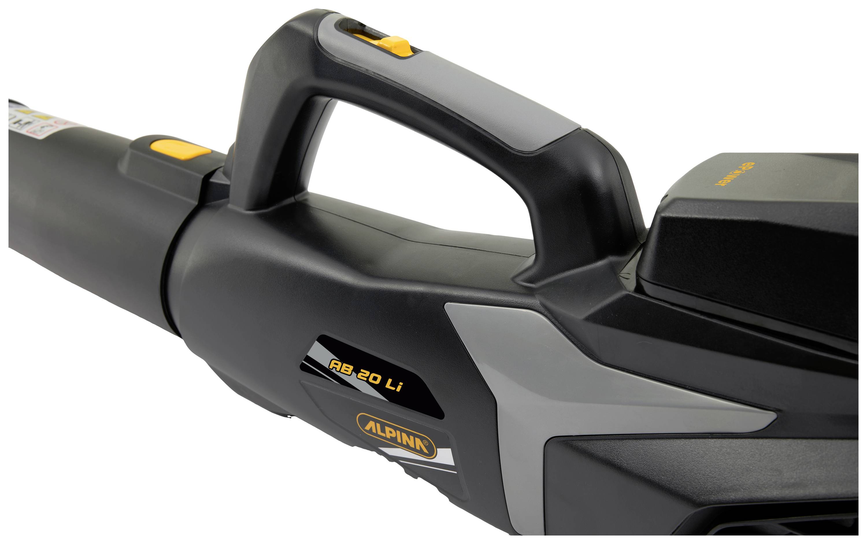 Close-up of a black garden leaf blower with orange and grey elements. Brand name 'Alpina' and model 'AB 20 Li' visible.