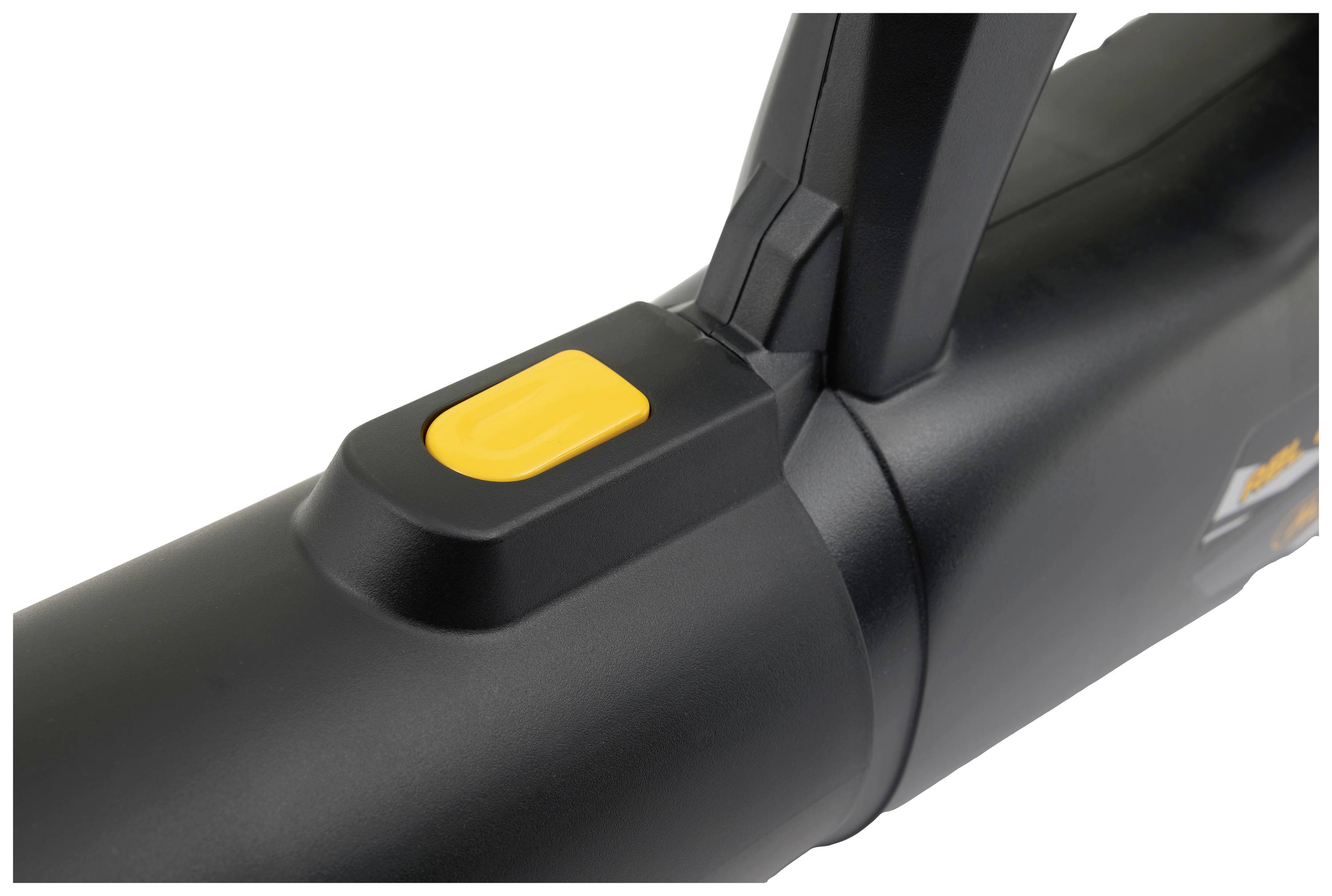 A close-up of a black, handheld device featuring an orange switch or button.