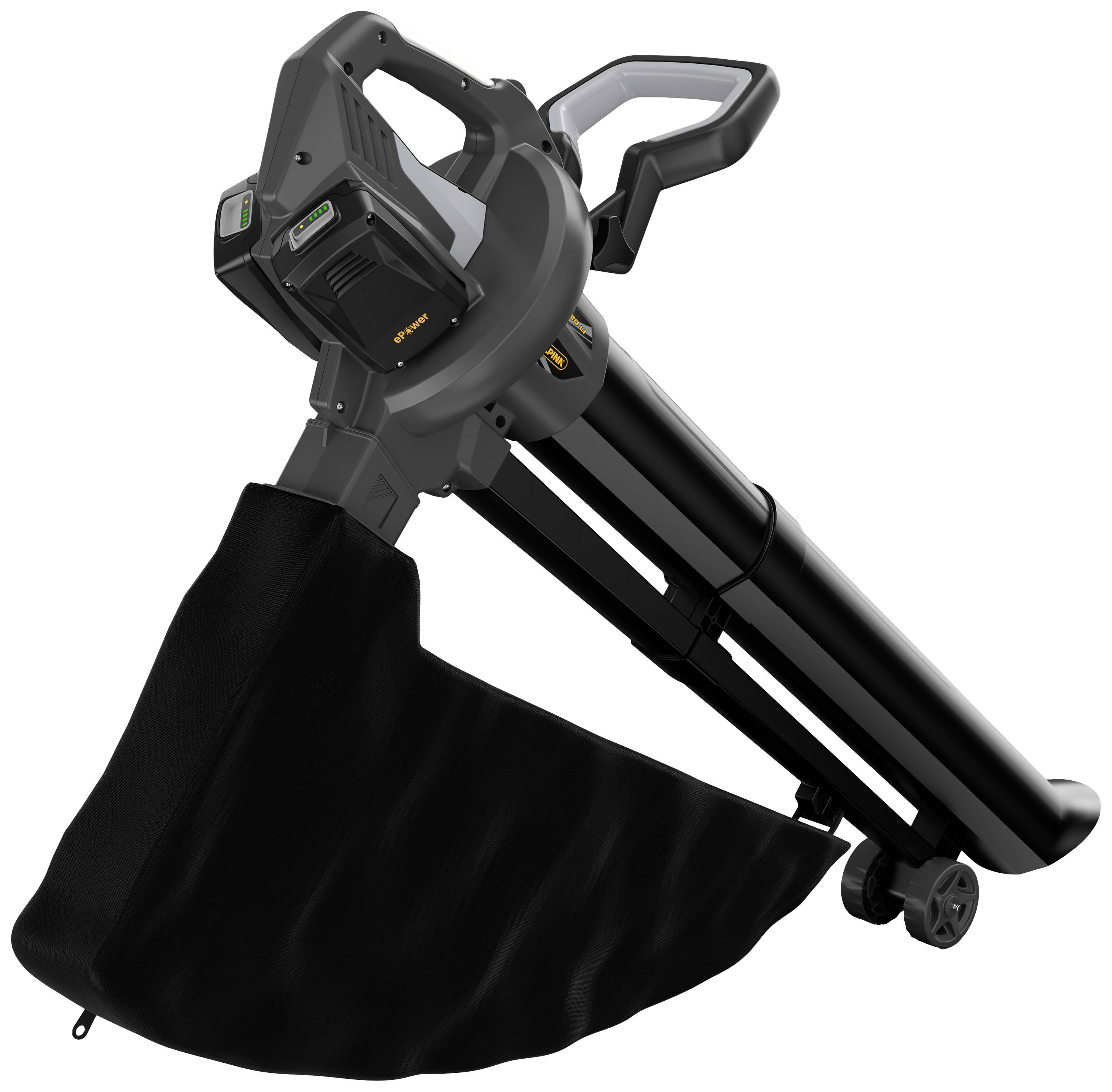 Leaf blower in black with a large collection bag and two small wheels at the end. Battery-powered with a handle on top.