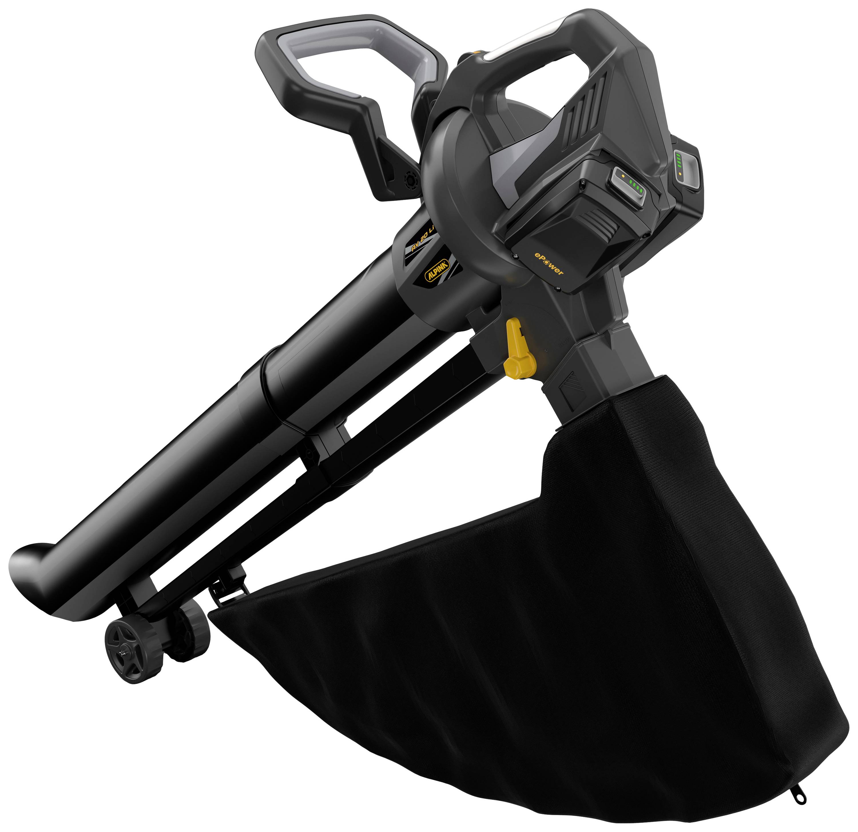 An electric leaf blower with an integrated collection bag and ergonomic handle. Suitable for cleaning gardens and pathways.
