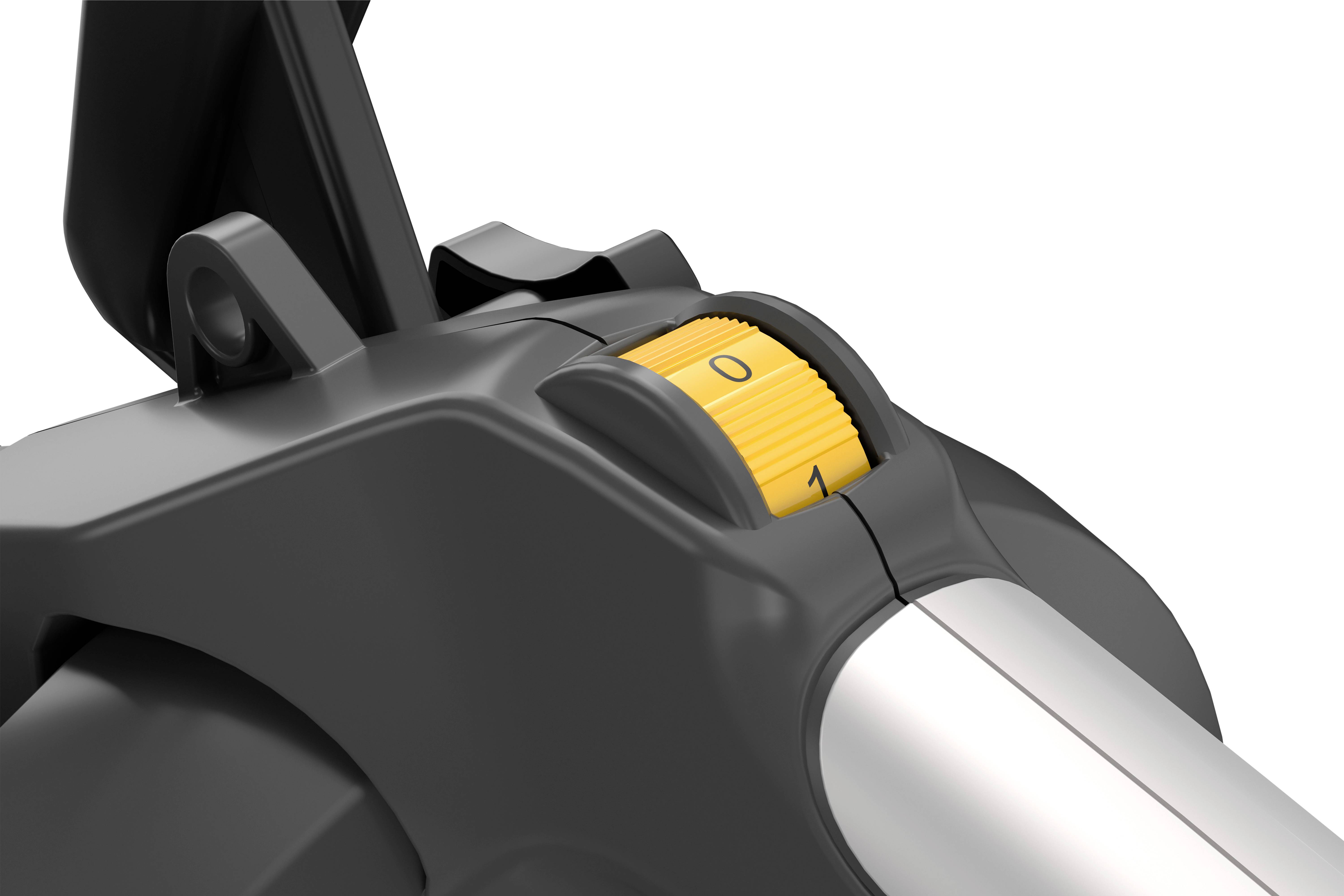 Close-up of a black device with a yellow numerical dial, set to '0' and '1', potentially for control or adjustment.