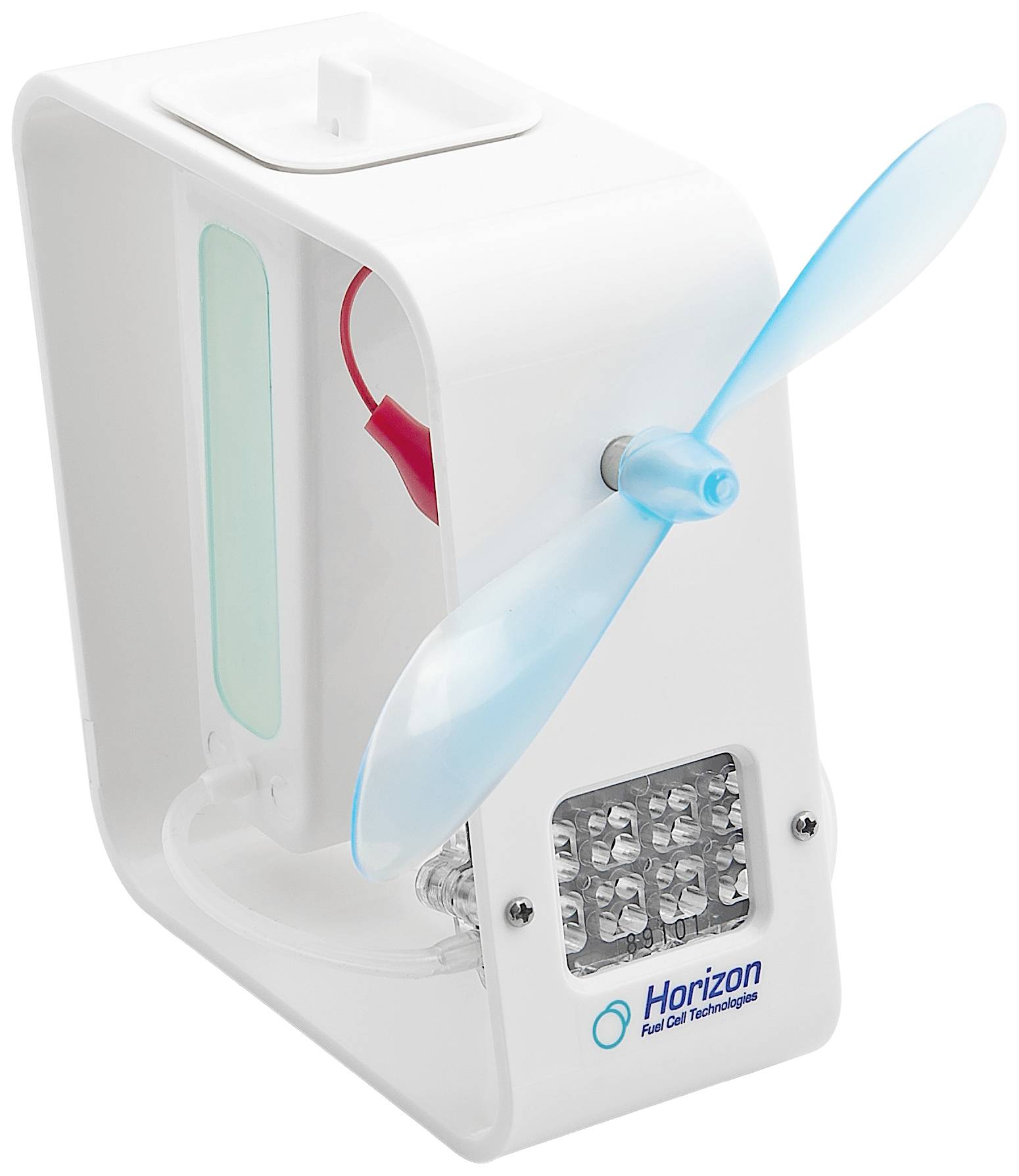 A mini model of a wind turbine generator demonstrates the method of electricity generation, with a flag from 'Horizon Fuel Cell Technologies'.