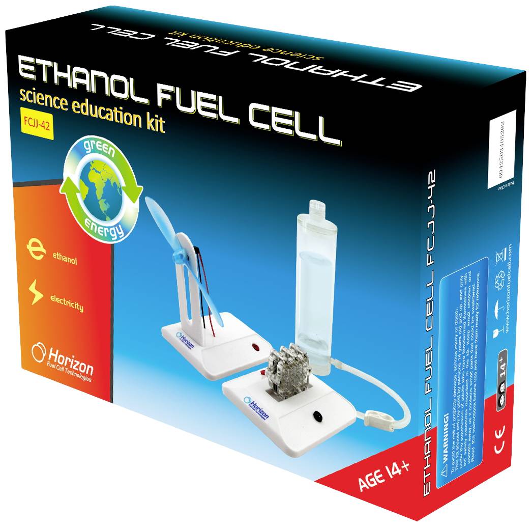Photo of an ethanol fuel cell educational box. Shows the kit with a fan that reads 'science education kit'. Suitable for ages 14 and above.