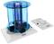 A transparent blue model of a wind turbine on a white base. To the right is a white control console.