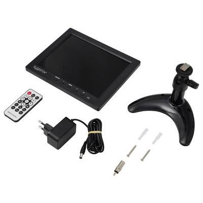 Digital photo frame kit with screen, remote, power adapter and cable, adjustable stand, and mounting screws/anchors.