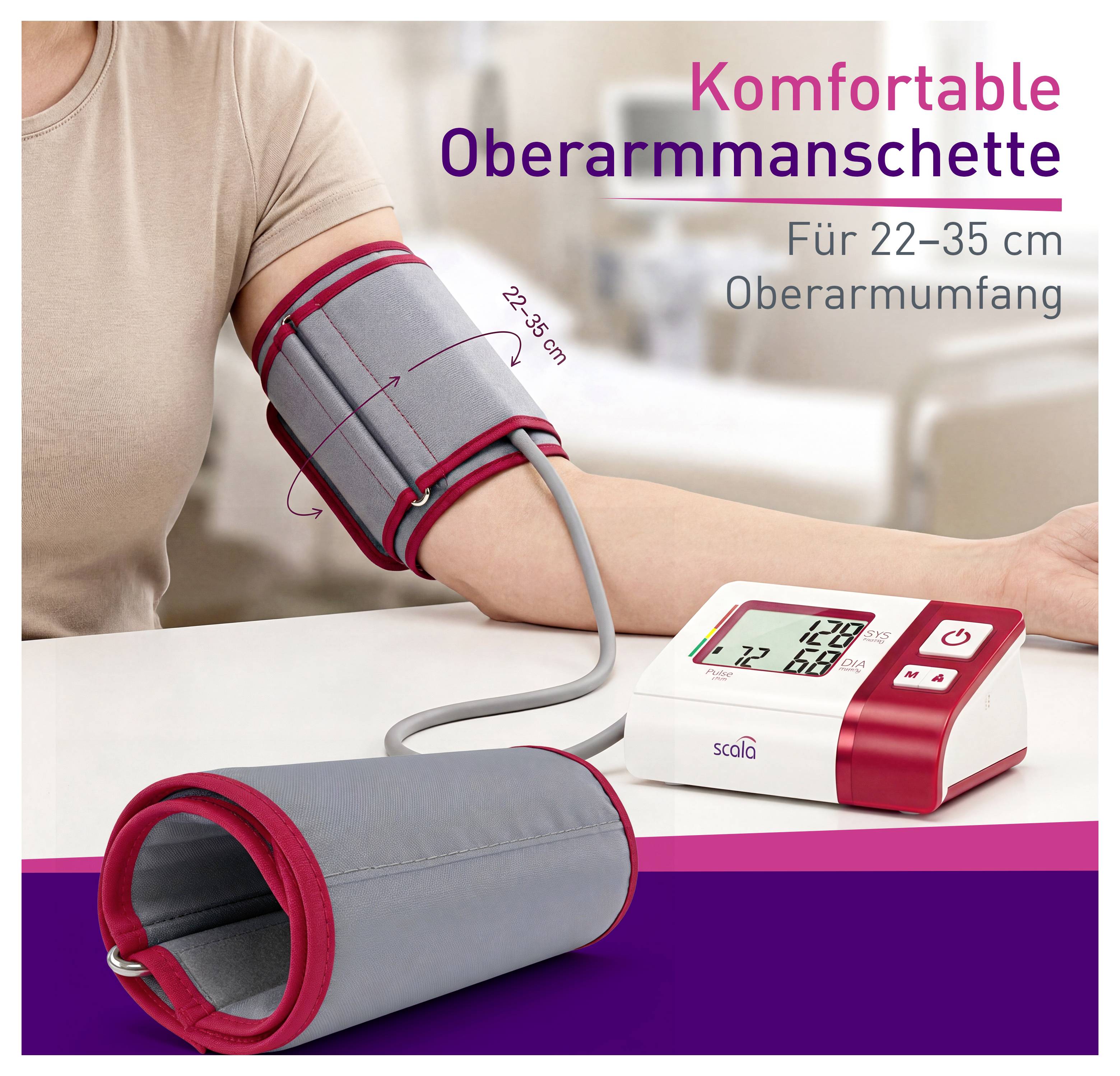 A person measures blood pressure using an upper arm cuff and a digital blood pressure monitor. The text describes cuff size for upper arm circumference of 22-35 cm.